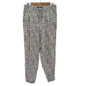 Mango Womens Casual Pants Black White Floral Print Elastic Waist